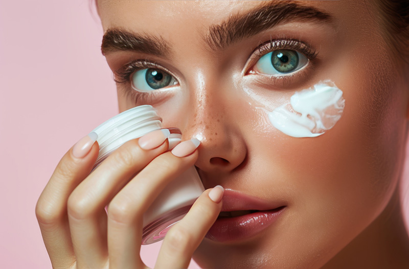 A woman is holding a jar of cream to her face, applying the cream with her fingers. She appears to be focusing on a skincare routine, possibly moisturizing or cleansing her skin.