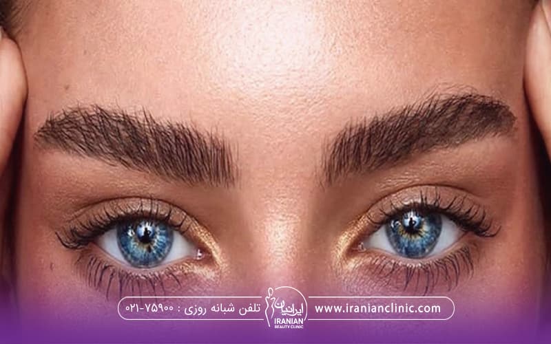عکس نزدیک از دختر با چشمهای آبی که ابروهای پرپشت و ضخیمی دارد - بهترین کلینیک کاشت ابرو در تهران