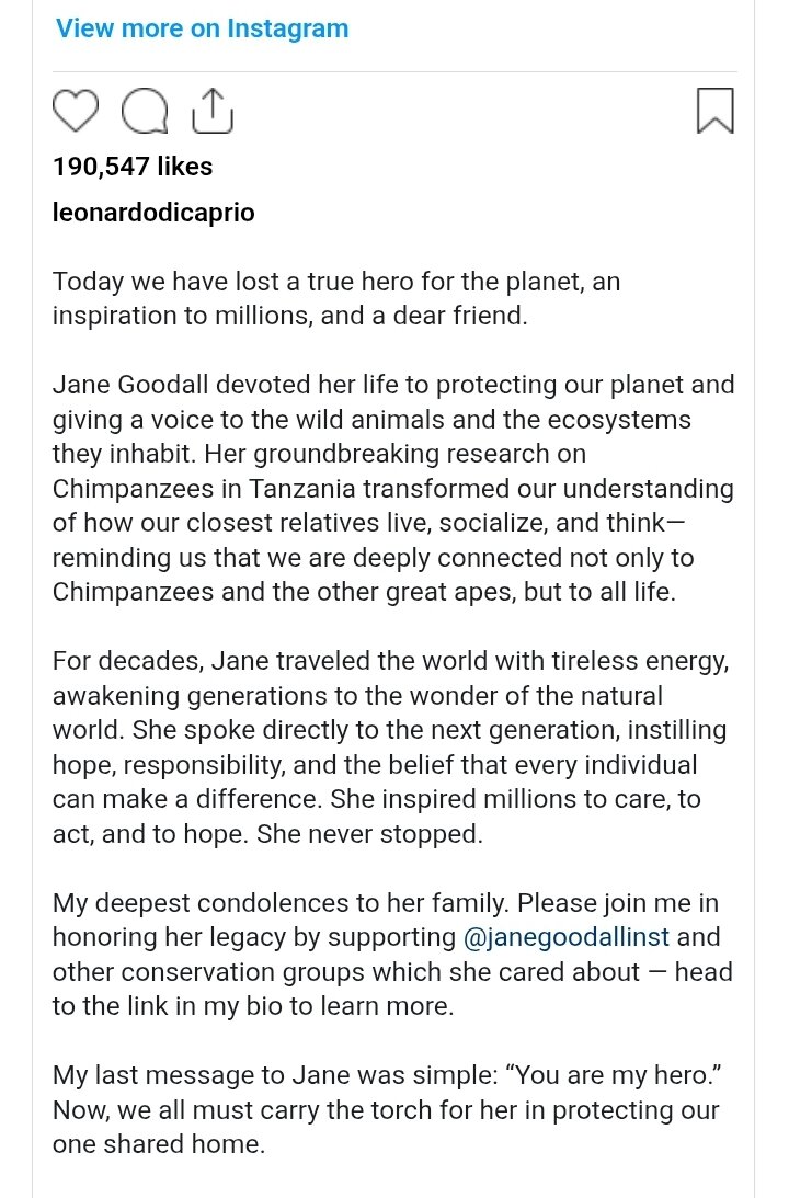 لئوناردو دی کاپریو: ما یک قهرمان واقعی را برای سیاره خود از دست دادیم