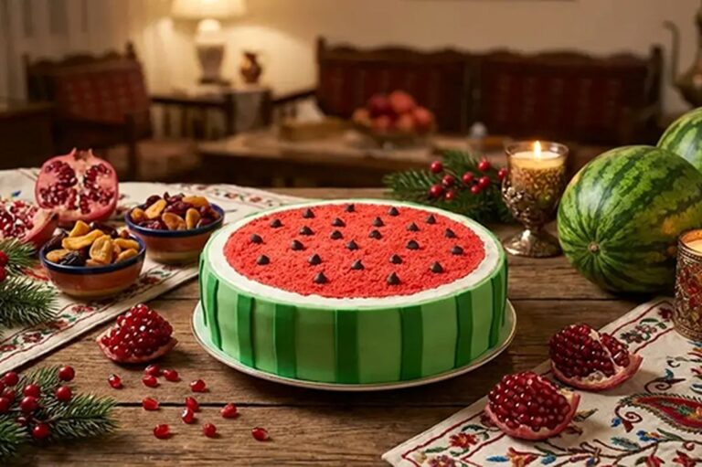 آموزش کیک هندوانه‌ای خانگی در قابلمه مخصوص یلدا