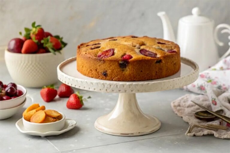 طرز تهیه کیک میوه‌ای خانگی نرم و خوشمزه در چند مرحله
